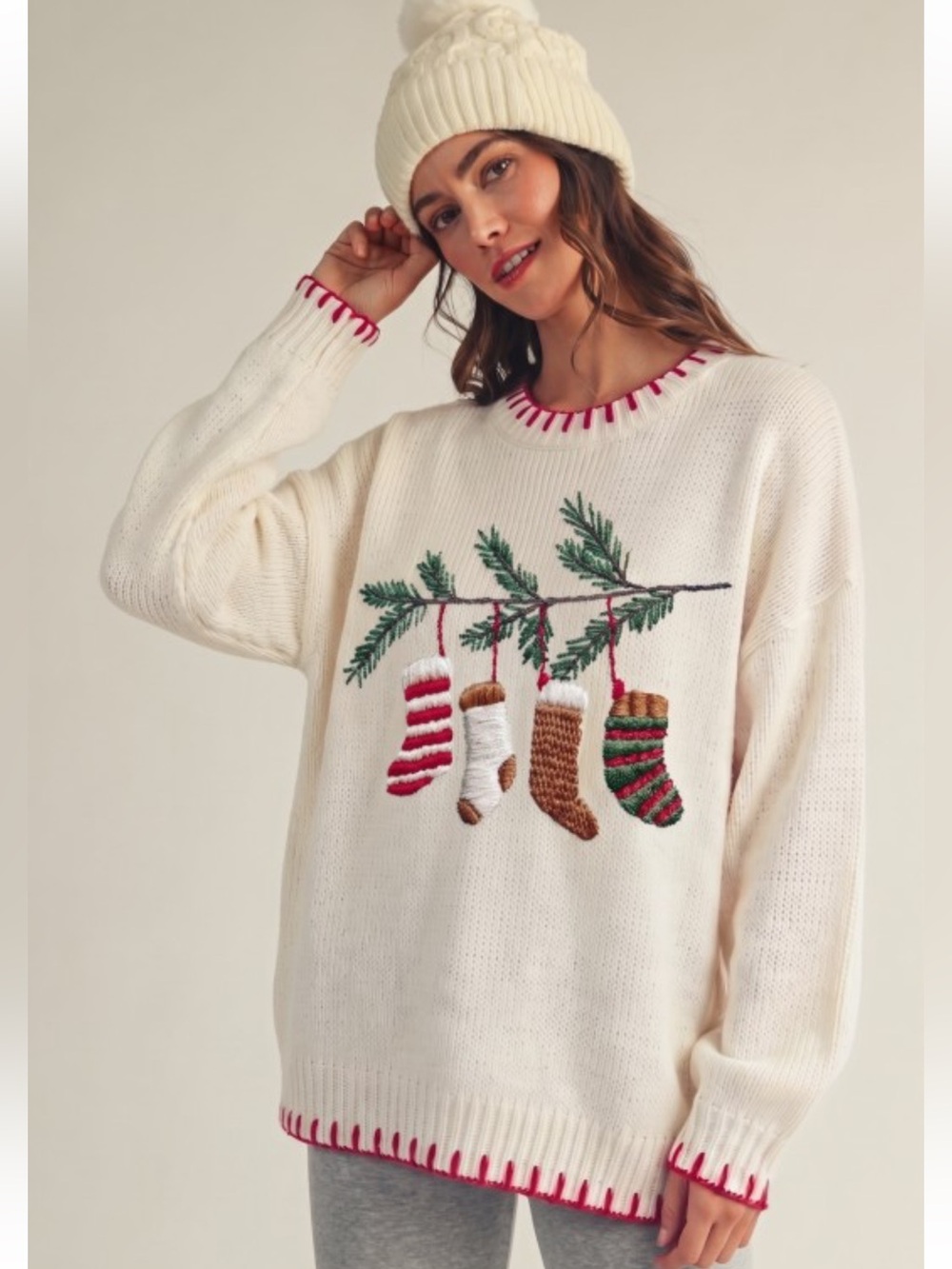 BV95–🧦❤️💚🎄ETA 9/30) IVORY CHRISTMAS STOCKINGS EMBROIDERED KNIT SWEATER